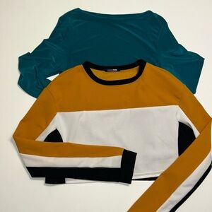TWO long sleeve crop tops - A black colorblock pattern & one is solid turquoise